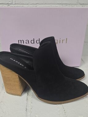 Madden Girl Black Slip-On Block Heel Mules.